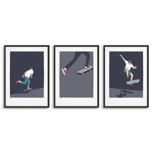 Set of 3 skateboard art prints / Skateboarding triptych / Skateboard poster collection for a gallery wall