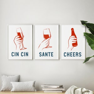Set of 3 kitchen prints / Cheers, Sante & Cin Cin posters / Cooking gift for foodie / Kitchen bar cart decor bundle