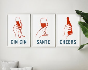 Set of 3 kitchen prints / Cheers, Sante & Cin Cin posters / Cooking gift for foodie / Kitchen bar cart decor bundle