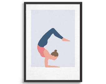 May include: A woman in a pink top and blue trousers performs a yoga pose, the scorpion pose, against a light blue background.