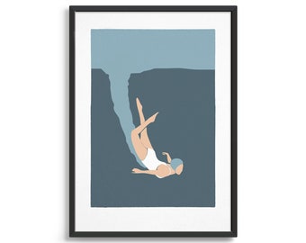 Retro vintage swimming print / Art deco style swimmer diving into the ocean / Beach house bathroom decor