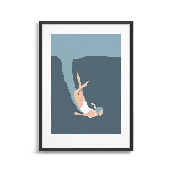 Retro vintage swimming print / Art deco style swimmer diving into the ocean / Beach house bathroom decor