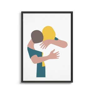 May include: An abstract illustration of two people hugging, depicted in teal and yellow. The person in the front is wearing a teal shirt and has brown hair. The person in the back is wearing a yellow shirt and has blonde hair.