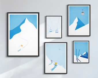 Ski art gallery wall / Ski poster set of 5 prints / Skiing feature wall decor / Ski decor art print bundle