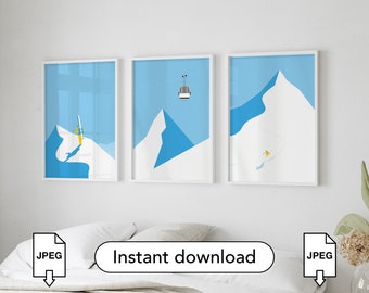 Instant download ski art gallery wall / Vintage ski poster set of 3 prints / Ski decor travel prints / Gift ideas for a skier