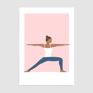 Warrior pose yoga poster / Yoga art print / Spiritual decor / Yoga gift ideas / Zen meditation prints for home studio / Spirituality artwork Pink background