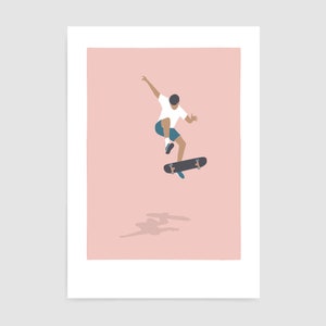 May include: A person wearing a white shirt and blue shorts is performing a skateboarding trick in mid-air. The skateboard is black with white wheels and the person is wearing white trainers. The background is a light pink colour.