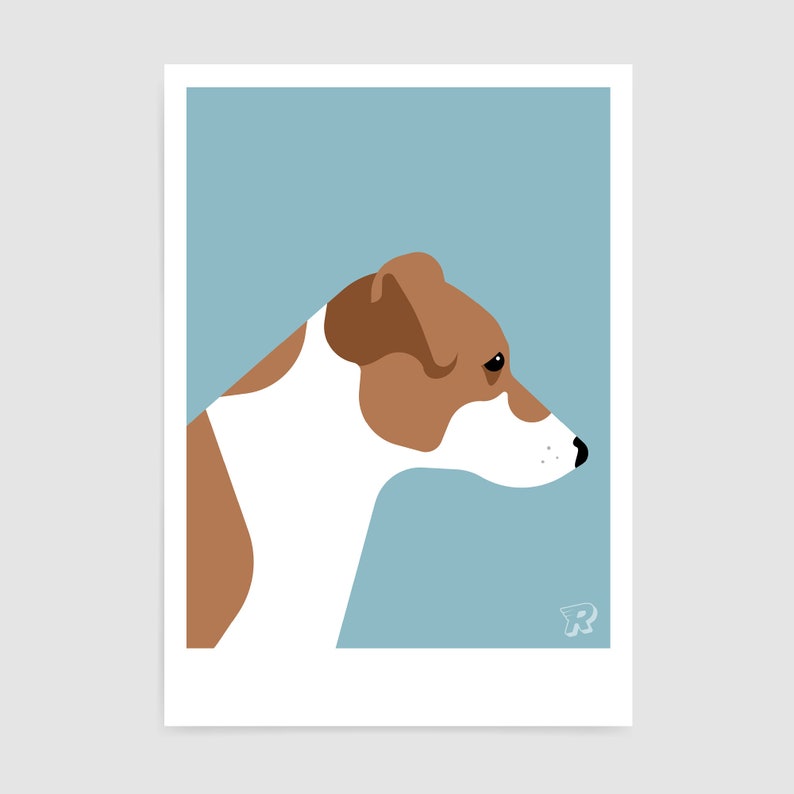May include: A brown and white Jack Russell Terrier dog with brown ears and a white muzzle is shown in profile against a light blue background.