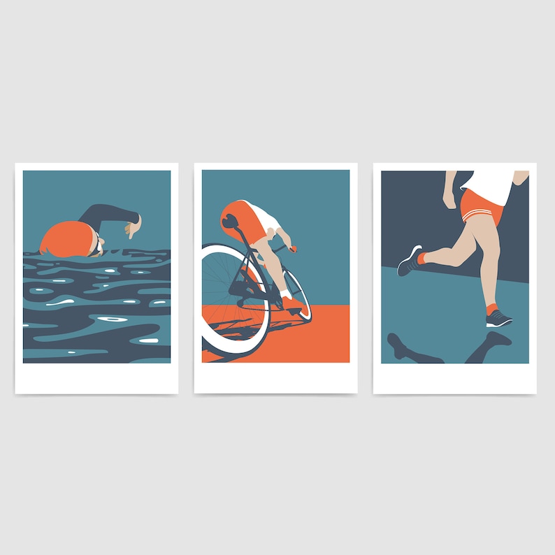 Set van 3 triatlonkunstafdrukken / Triatleet cadeausetideeën / Midcentury zeefdrukstijl / Zwemfietsrun poster drieluik Orange and blues