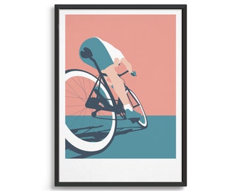 Könnte beinhalten: Ein Radfahrer in einem weißen und blauen Trikot fährt ein weißes und schwarzes Fahrrad vor einem rosa und blauen Hintergrund.