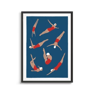 Swimming poster / Screen print style art print / Vintage retro diving wall art / Ideas for kitchen decor