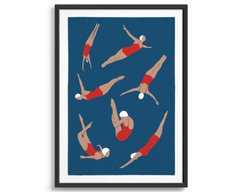 Swimming poster / Screen print style art print / Vintage retro diving wall art / Ideas for kitchen decor