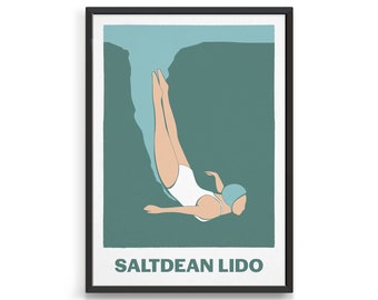 Personalised retro vintage swimming print / Art deco style swimmer diving into the ocean / Beach house bathroom decor
