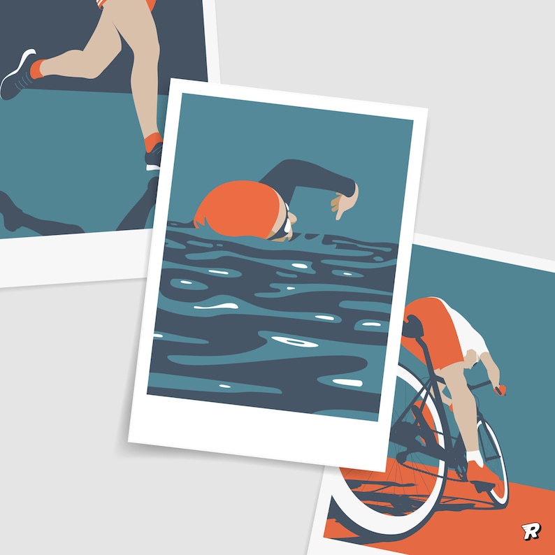 Set van 3 triatlonkunstafdrukken / Triatleet cadeausetideeën / Midcentury zeefdrukstijl / Zwemfietsrun poster drieluik afbeelding 2
