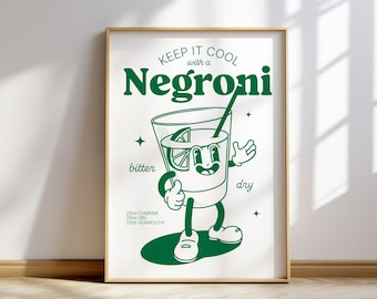 Vintage Negroni Cocktail Print - Retro Bar Cart Wall Art - Unique Gift for Bartenders