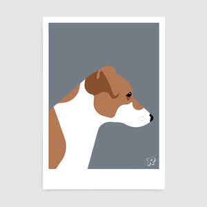 May include: A brown and white Jack Russell Terrier dog with a gray background.