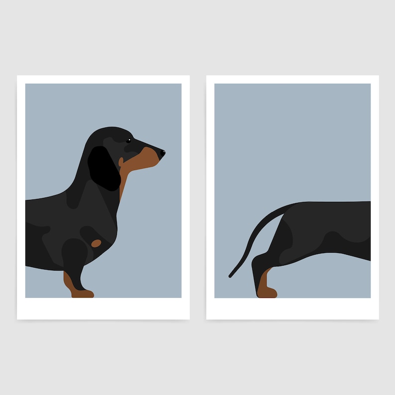 May include: Two rectangular art prints featuring a stylized illustration of a black and tan dachshund. The left print shows the head and front body of the dog, while the right print displays the rear body and tail against a light blue background.