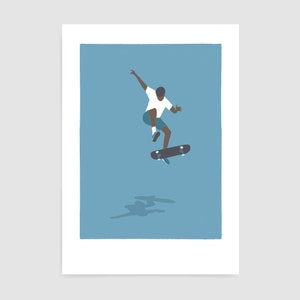 May include: A person wearing a white shirt and blue shorts is performing a skateboarding trick in mid-air. The skateboard is black with silver trucks and wheels. The background is a light blue colour.