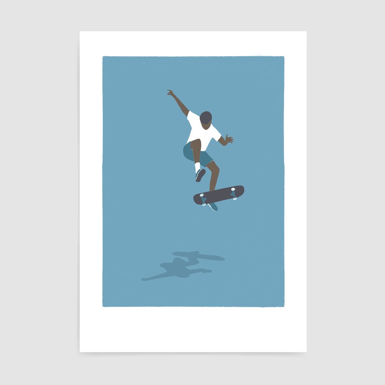 May include: A person wearing a white shirt and blue shorts is performing a skateboarding trick in mid-air. The skateboard is black with silver trucks and wheels. The background is a light blue colour.