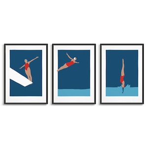 Set of 3 diving woman prints for a gallery wall / Female diver posters / A2 swim art triptych