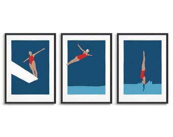 Set of 3 diving woman prints for a gallery wall / Female diver posters / A2 swim art triptych