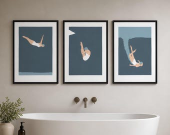 Art Deco Swimming Woman Diving Prints Set of 3 Vintage Retro Bathroom Posters Triptych Gallery Wall Decor