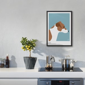 May include: A framed illustration of a brown and white dog with a blue background. The dog is looking to the right of the image.