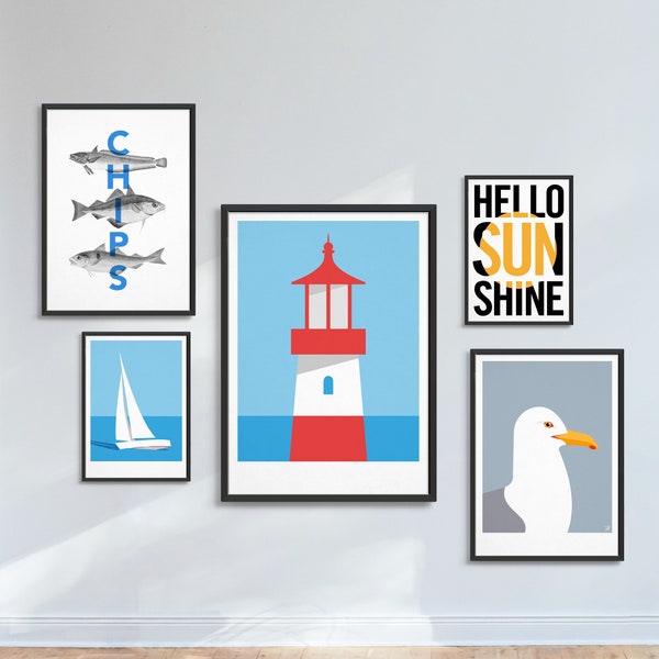 Coastal themed gallery wall / Nautical set of 5 prints / Seaside feature wall decor / Beach decor art print bundle