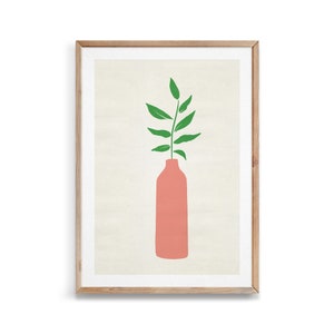 Hojas en cartel de jarrón de terracota / Arte minimalista de la pared / Decoración contemporánea de la habitación botánica