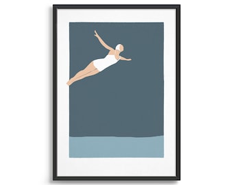 Diving girl art print / Diver poster in modern vintage style / Gift ideas for swimmer / Bathroom decor