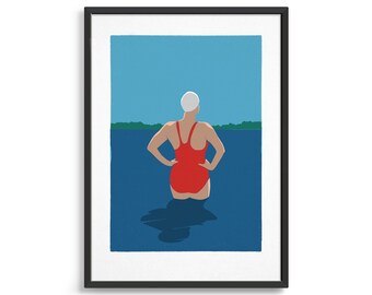 May include: A woman in a red swimsuit and white swim cap stands in a body of water, looking out at the horizon. The water is a deep blue color and the sky is a light blue.