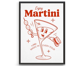 Martini print / Vintage retro cocktail poster / Bar cart prints / Paper anniversary gift ideas / Retro cartoon wall art print