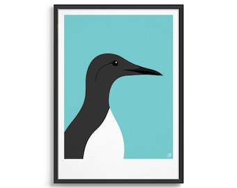 May include: A black and white illustration of a bird with a long beak against a light blue background.