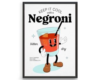 Negroni print / Vintage retro cocktail poster / Bar cart prints / Gift ideas for a barman or cocktail waiter / Retro cartoon wall art print