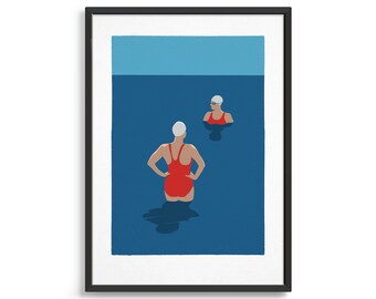 May include: Two people in white swim caps are in a blue pool. One person is standing in the water, facing away from the viewer, wearing a red swimsuit. The other person is floating in the water, facing the viewer, wearing a blue swimsuit.