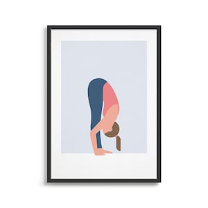 May include: A digital illustration of a person in a pink shirt and blue pants performing a forward fold yoga pose.