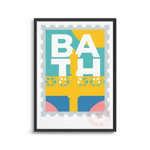 May include: A yellow, blue, and pink illustrated stamp with the word "BATH" in white letters. The stamp features a silhouette of a person standing on a bridge.