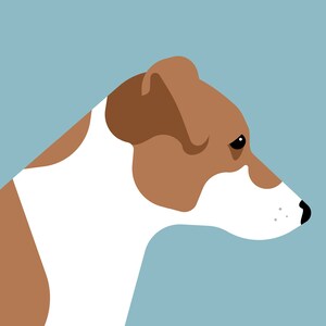May include: A brown and white dog with a brown ear and a black eye looking to the right. The dog's head and neck are visible against a light blue background.
