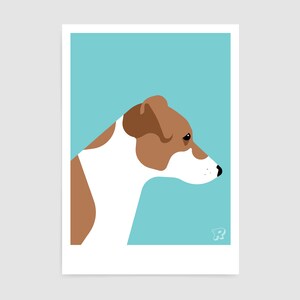 May include: A brown and white Jack Russell Terrier dog with a blue background. The dog is looking to the right of the image.