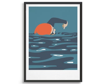 Impresión personalizada de arte de natación / Regalo de estilo moderno de mediados de siglo para los amantes del triatlón