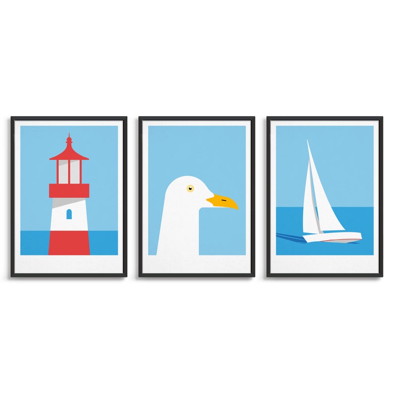Set of 3 nautical prints / Minimal coastal wall art / Seaside poster triptych image 1