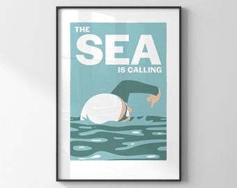 The sea is calling art print / Retro vintage swimming poster for a modern bathroom decor