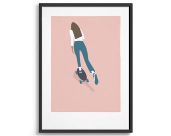 Poster de skateboard / Skateboarding girl / Impression d'art minimaliste sur le sport féminin