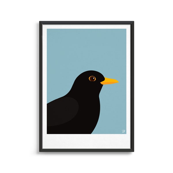 Blackbird art print / British garden bird poster / Nature inspired modern art / Minimalist animal wall art