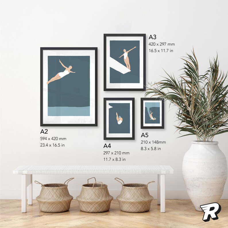 Diving girl art print Minimal wall art gift for a modern Scandinavian interior