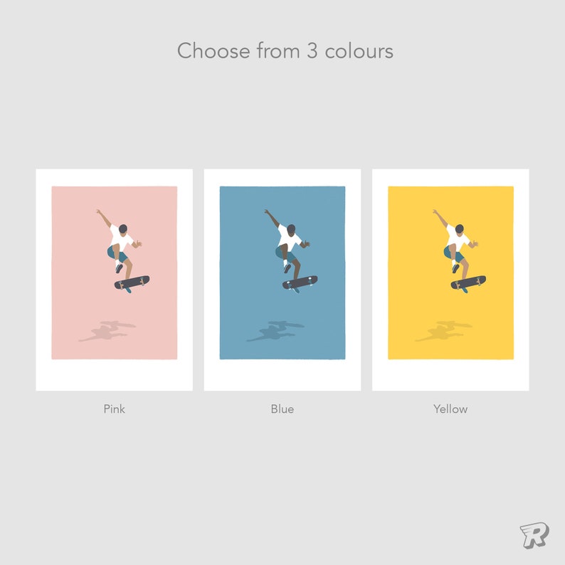 May include: Three illustrations of a person skateboarding, each with a different background colour: pink, blue, and yellow. The person is wearing a white shirt, blue shorts, and black shoes. The skateboard is black with white wheels.