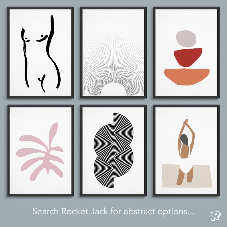 May include: A set of six framed wall art prints featuring diverse designs: a black ink torso outline, a sunburst line drawing, stacked geometric shapes in red and orange, a pink leaf silhouette, black concentric circles, and a figure in a white swimsuit.