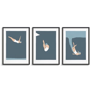 Set of 3 art deco bathroom prints / Vintage retro swimming prints / Woman diving posters triptych for a gallery wall