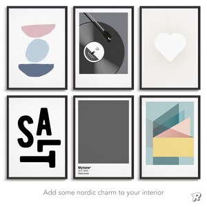 May include: A set of six framed wall art prints featuring diverse designs including stacked pastel shapes, a vinyl record player, a white heart on a radial background, the word SALT in bold black letters, a gray color swatch, and geometric shapes.