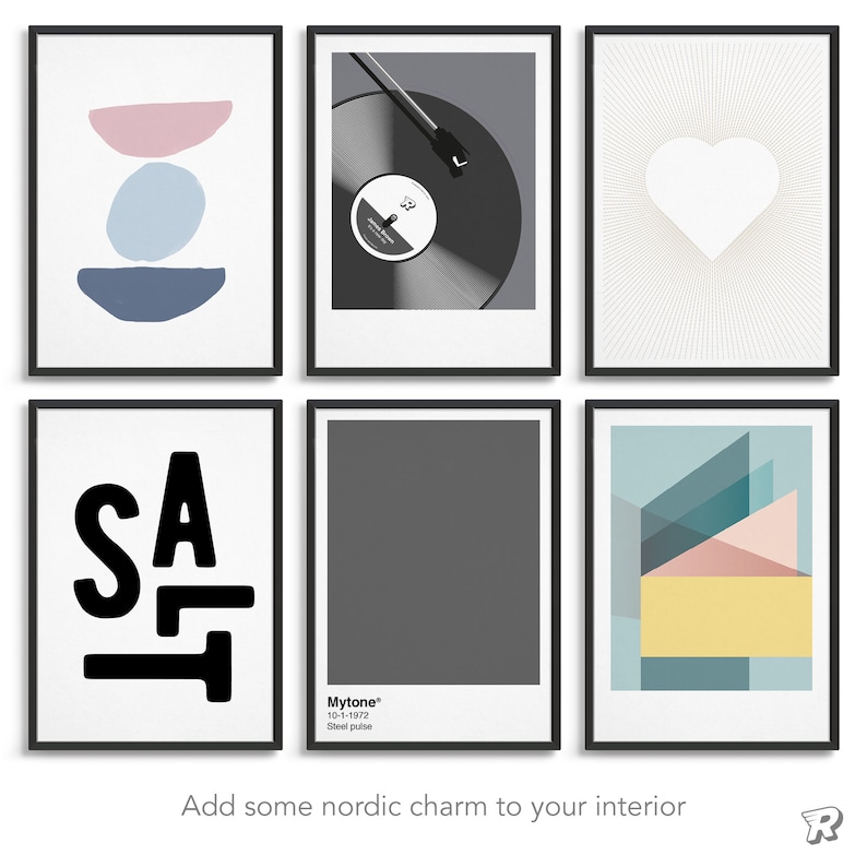 May include: A set of six framed wall art prints featuring diverse designs including stacked pastel shapes, a vinyl record player, a white heart on a radial background, the word SALT in bold black letters, a gray color swatch, and geometric shapes.